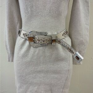 White Leather Belt with Ornate Buckle and Silver and Brown Rhinestones
